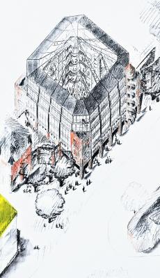 Architekturzeichnung von Böhm an der Galeriewand