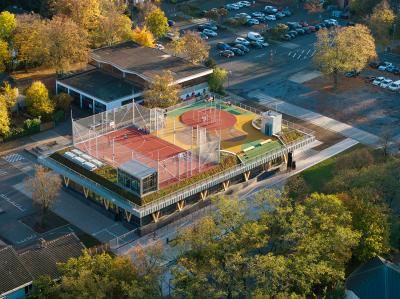 Sport- und Kulturhalle Alfter, Schrägluftbild Dachlandschaft