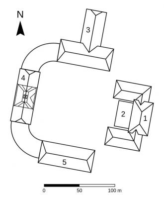 Plan Schloss Oberhausen: 1 Herrenhaus, 2 Foyer Vitrine, 3 Wirtschaftsgebäude (Restaurant), 4 Kleines Schloss, 5 Wirtschaftsgebäude (Gedenkhalle)