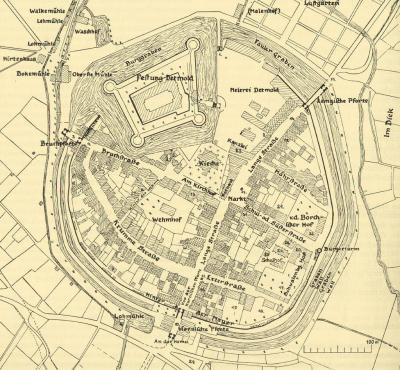 Detmold um 1660 mit Dreistraßenschema im Grundriss der Stadt