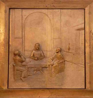 Bronzene Tabernakeltüre mit Emmaus-Motiv