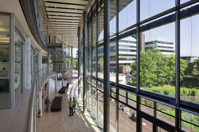 Innenansicht mit Blick durch die Fenster zur Terrasse