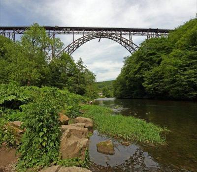 Gesamtansicht der Müngstener Brücke und Wupper