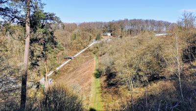 Blick auf die talseitige begrünte Staumauer