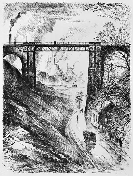 Historisches Bild mit Stahlkonstruktion in der Mitte der Brücke