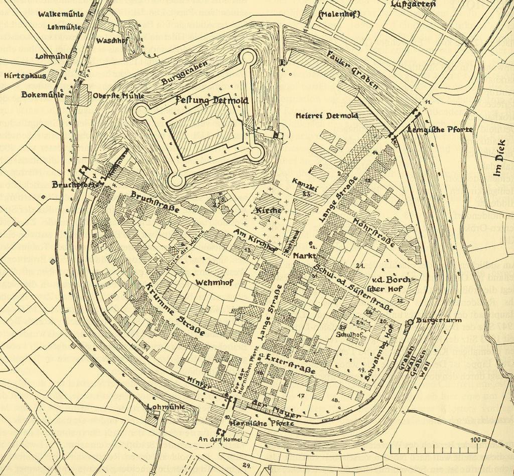 Detmold um 1660 mit Dreistraßenschema im Grundriss der Stadt