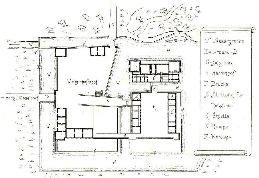 Schloss Hugenpoet, Grundriss der Anlage aus dem 19. Jahrhundert
