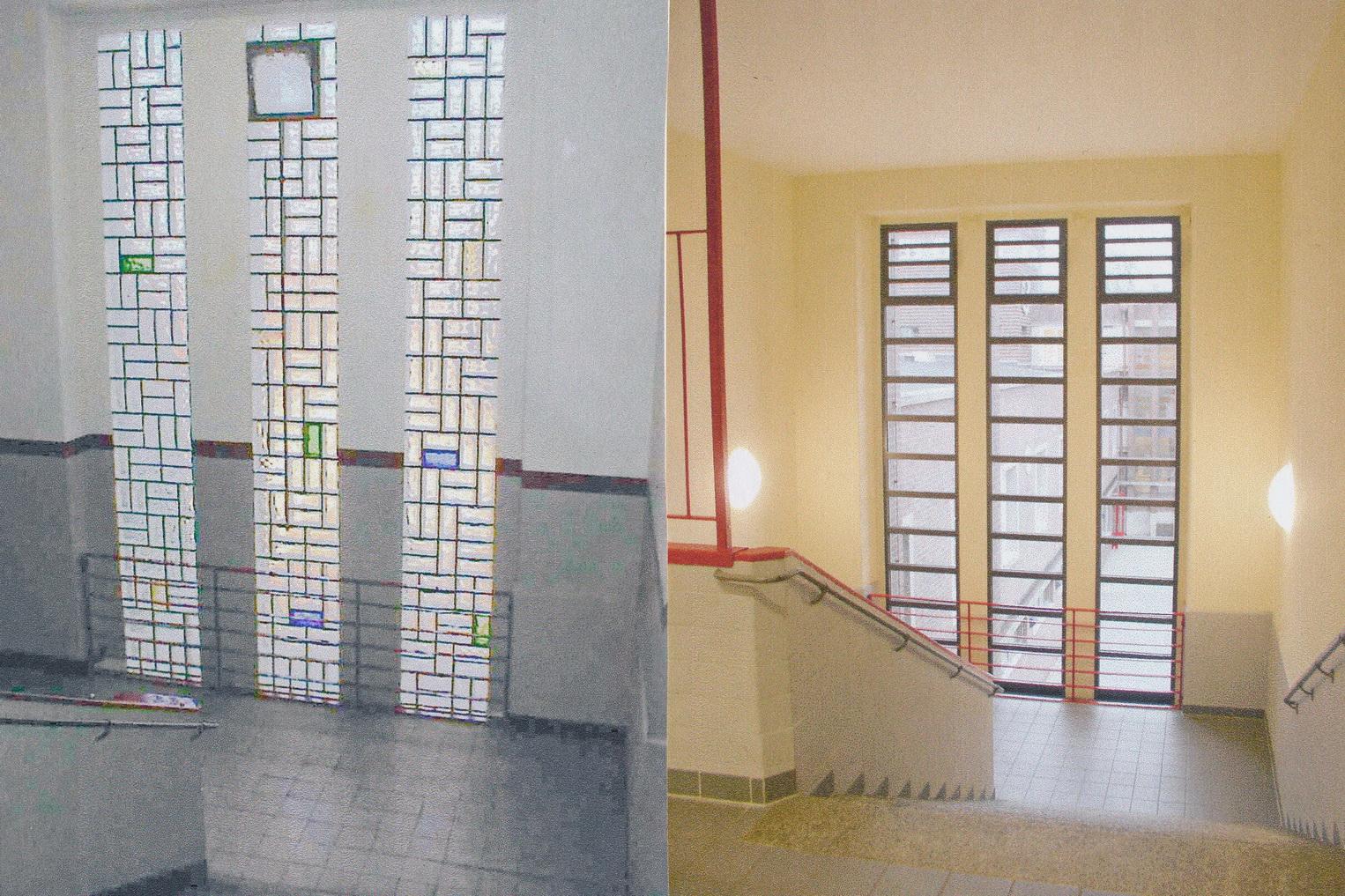 Treppenraum vor und nach der Sanierung mit Ersatz der Glasbausteine durch Alufenster in ursprünglicher Aufteilung