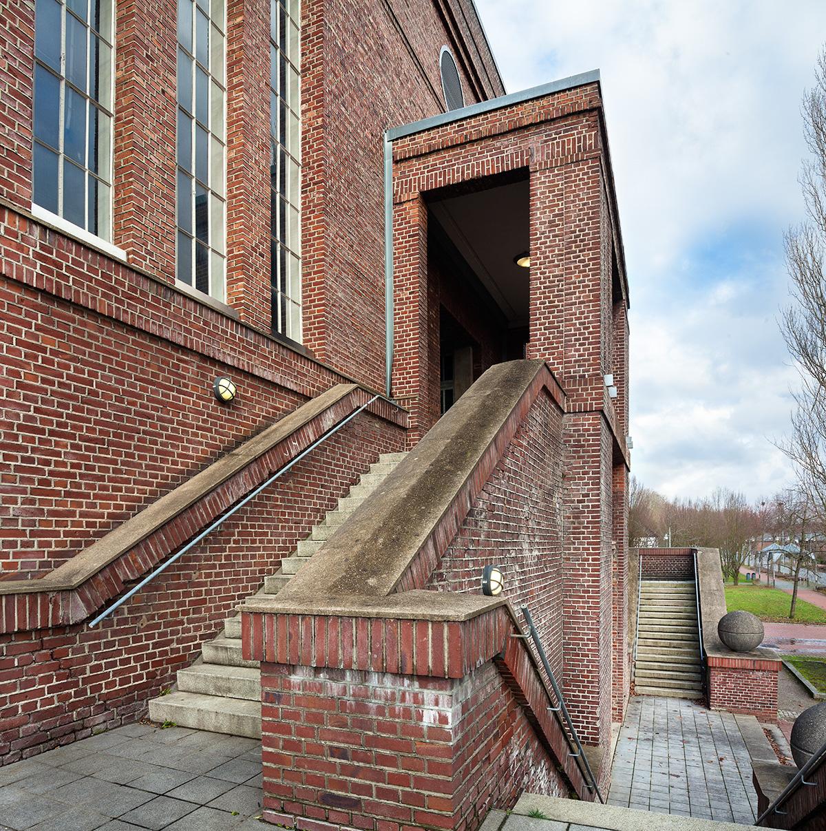 Hamm, Maschinenhalle Zeche Sachsen, Detail der Treppenanlage auf Zwischenpodest
