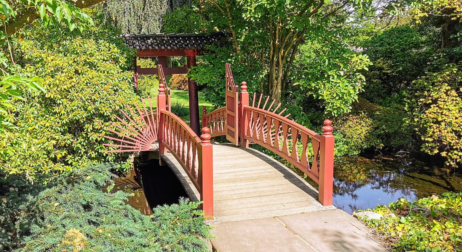 Die kleine Brücke führt in den Japanischen Garten 